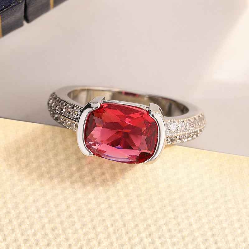 Micro-set Zircon Red Corundum Heart Square Diamond Ring For Women