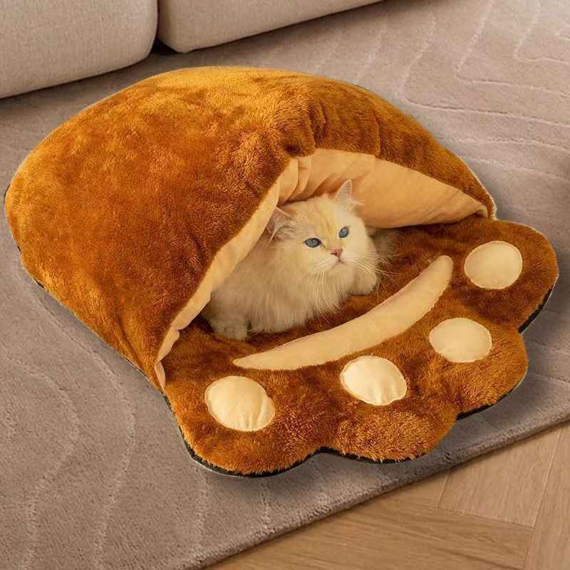 Winter Warm Cute Bear Paw Cat Bed Thickened House Semi-closed Cat Nest Large Space Washed Sleeping Bag Dog Pet Bed Pets Products