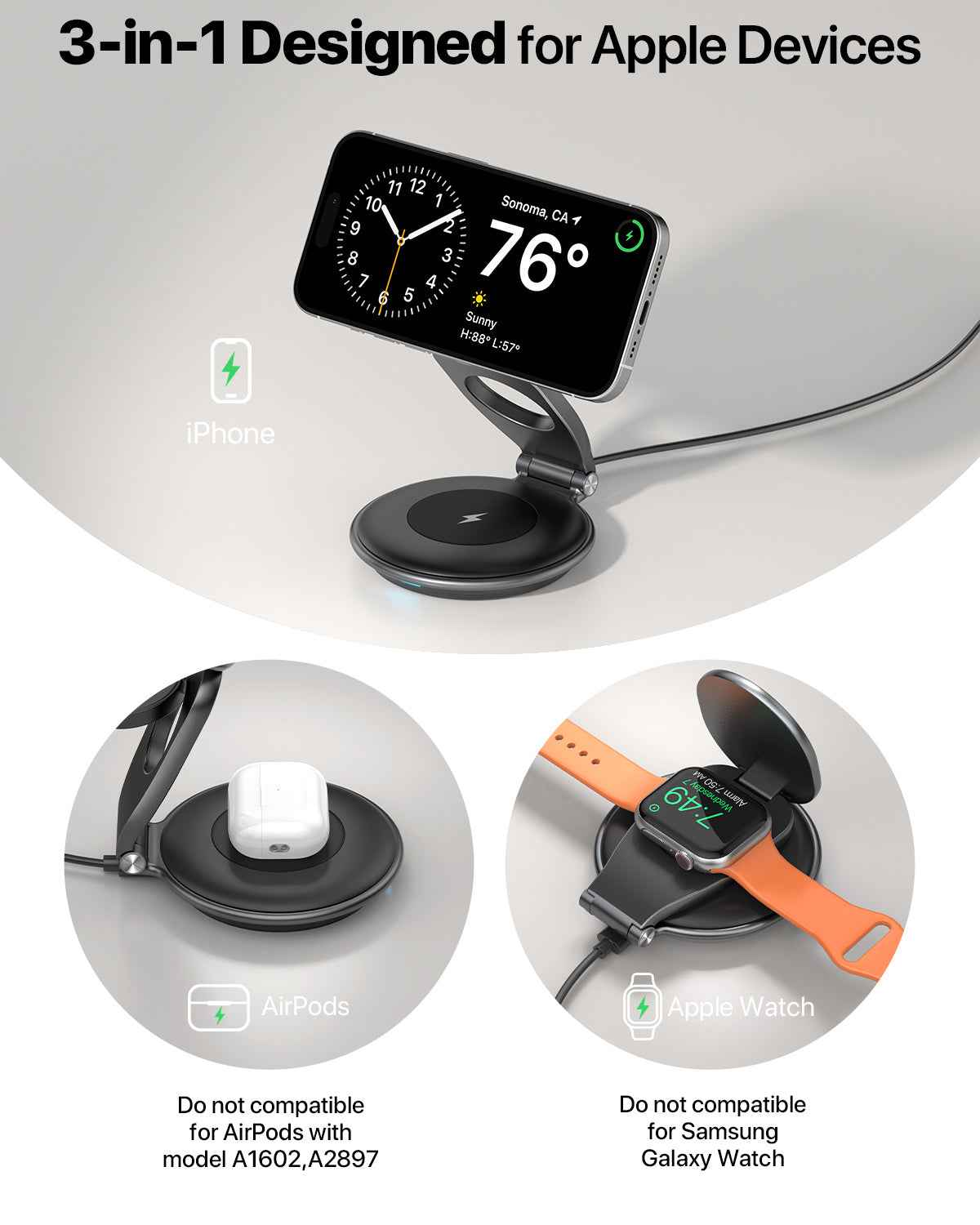 3 In 1 Wireless Travel Magsafe Charger Station For Multiple Devices Magnetic Foldable Charger 30W Charger Included