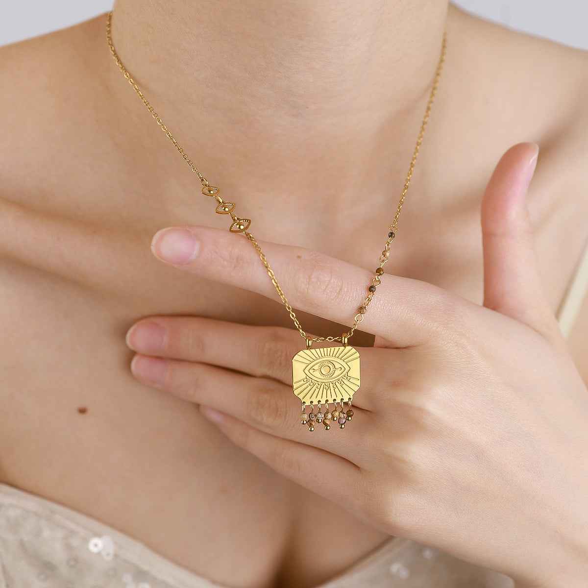 Retro Natural Stone Square Pendant Necklace Bohemian Design Evil Eye Chain