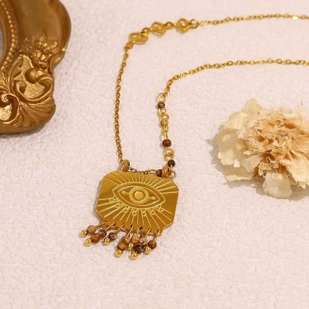 Retro Natural Stone Square Pendant Necklace Bohemian Design Evil Eye Chain