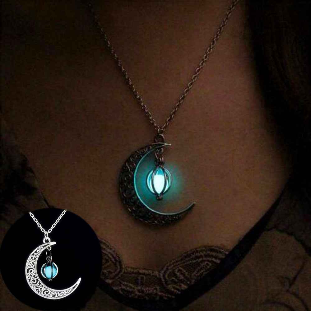 Fashion Moon Natural Glowing Stone Luminous Pendant Necklace Jewelry