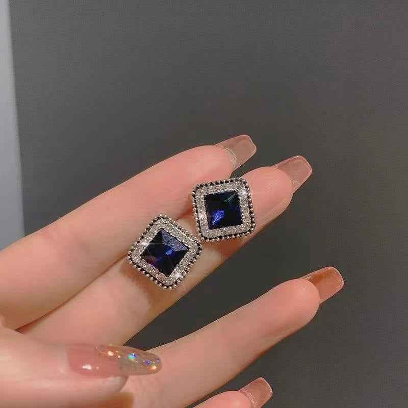 Korean Fashion Blue Diamond Square Minimalist Temperament Personality Square Earrings For Women