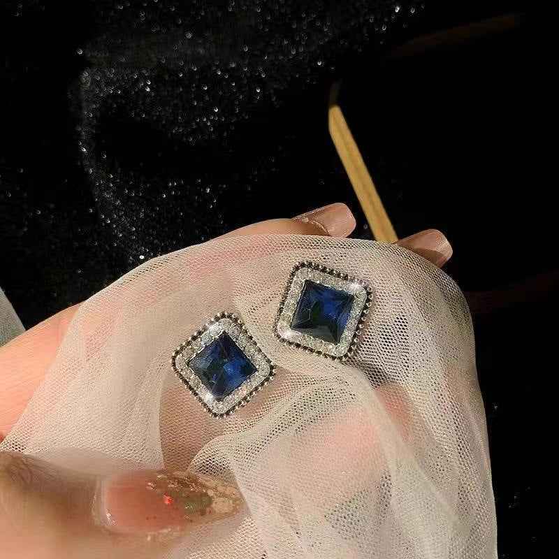 Korean Fashion Blue Diamond Square Minimalist Temperament Personality Square Earrings For Women