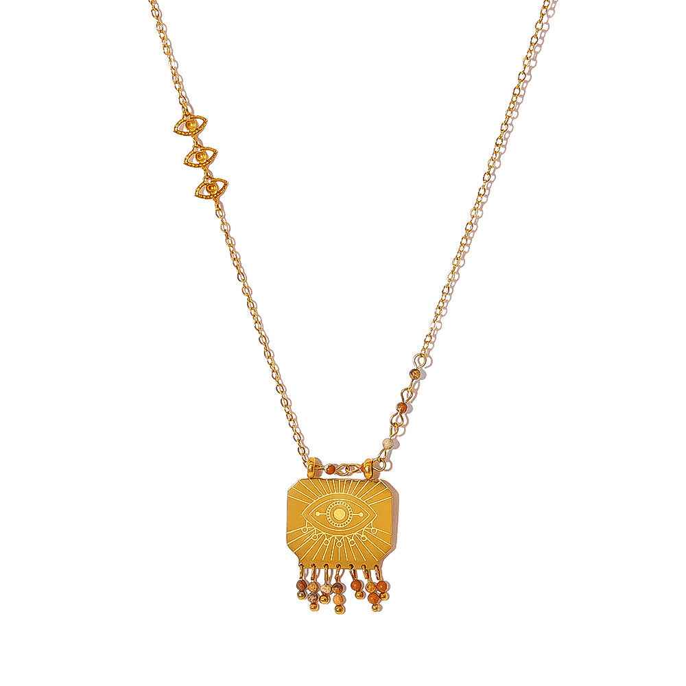 Retro Natural Stone Square Pendant Necklace Bohemian Design Evil Eye Chain