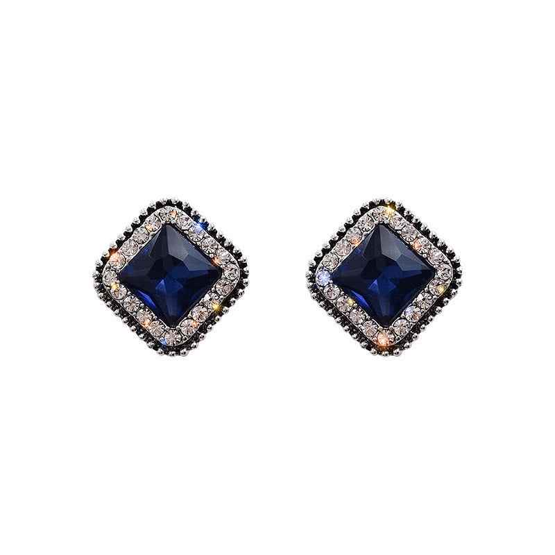 Korean Fashion Blue Diamond Square Minimalist Temperament Personality Square Earrings For Women