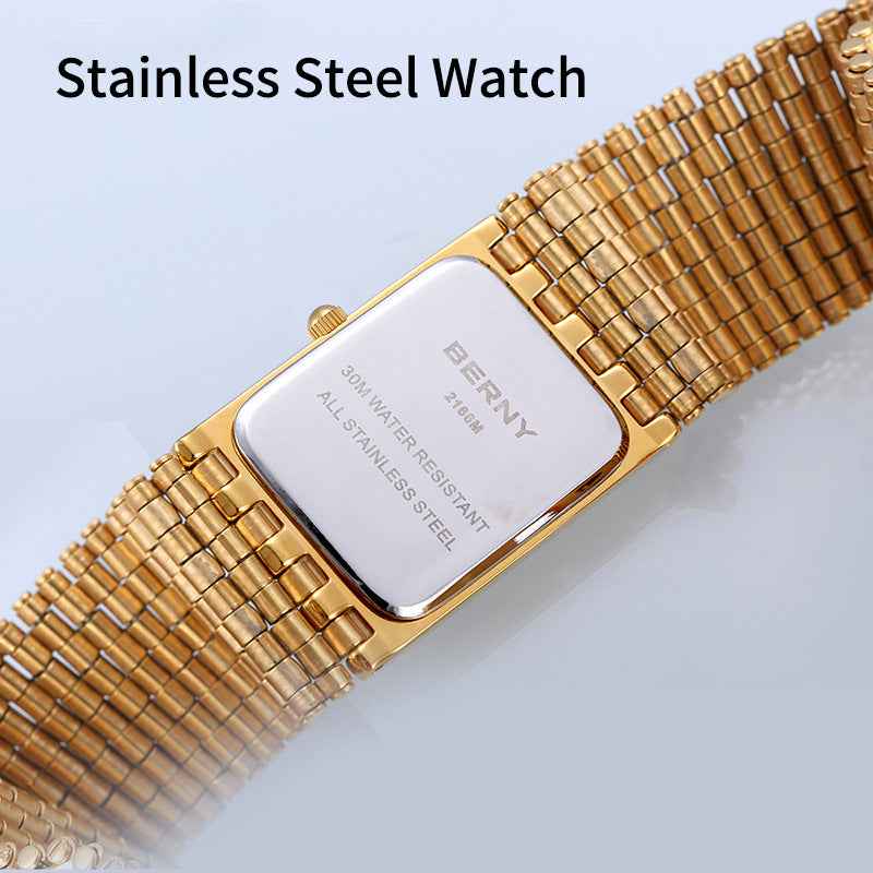 Ultra-thin Gold Quartz Watch Rectangular Stainless Steel Band Waterproof Couple Watch