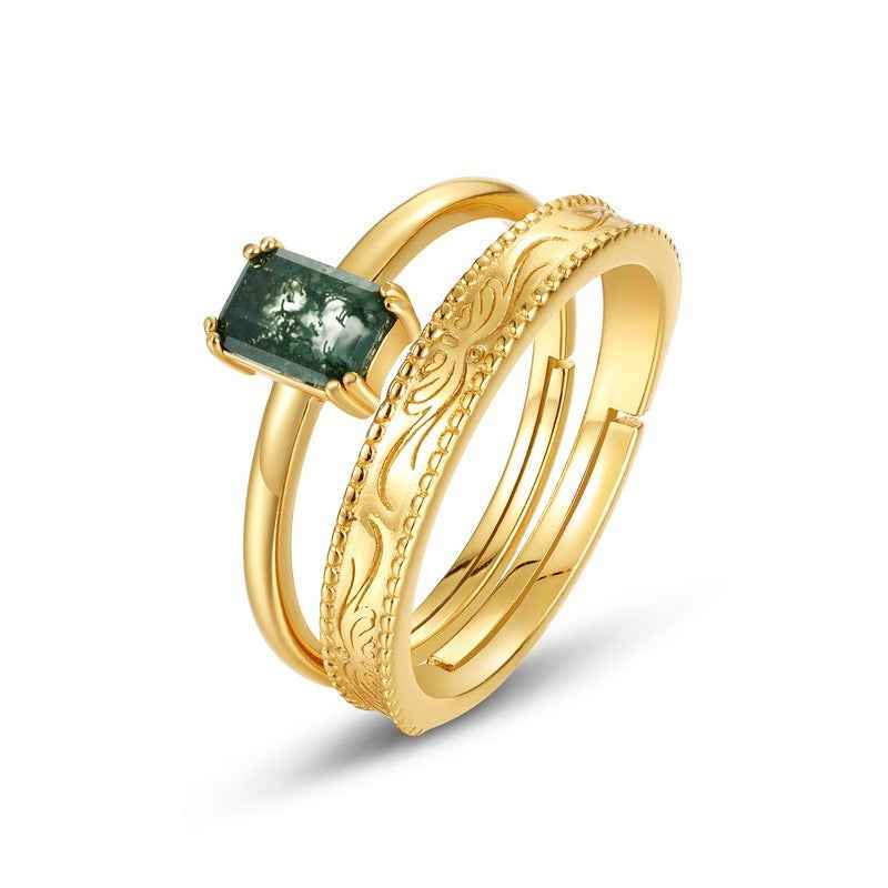 Gold-plated Silver Green Moss Adjustable Ring For Women