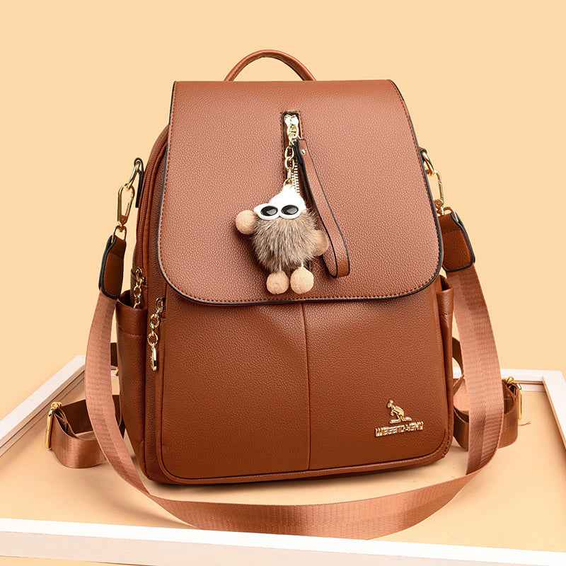New Genuine Leather With Pendant High-value Female Student Travel Backpack