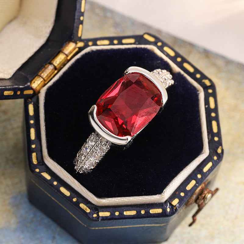 Micro-set Zircon Red Corundum Heart Square Diamond Ring For Women
